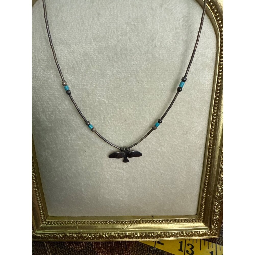 Vintage 15” Silver-tone  & Blue Beaded Necklace with  Bird